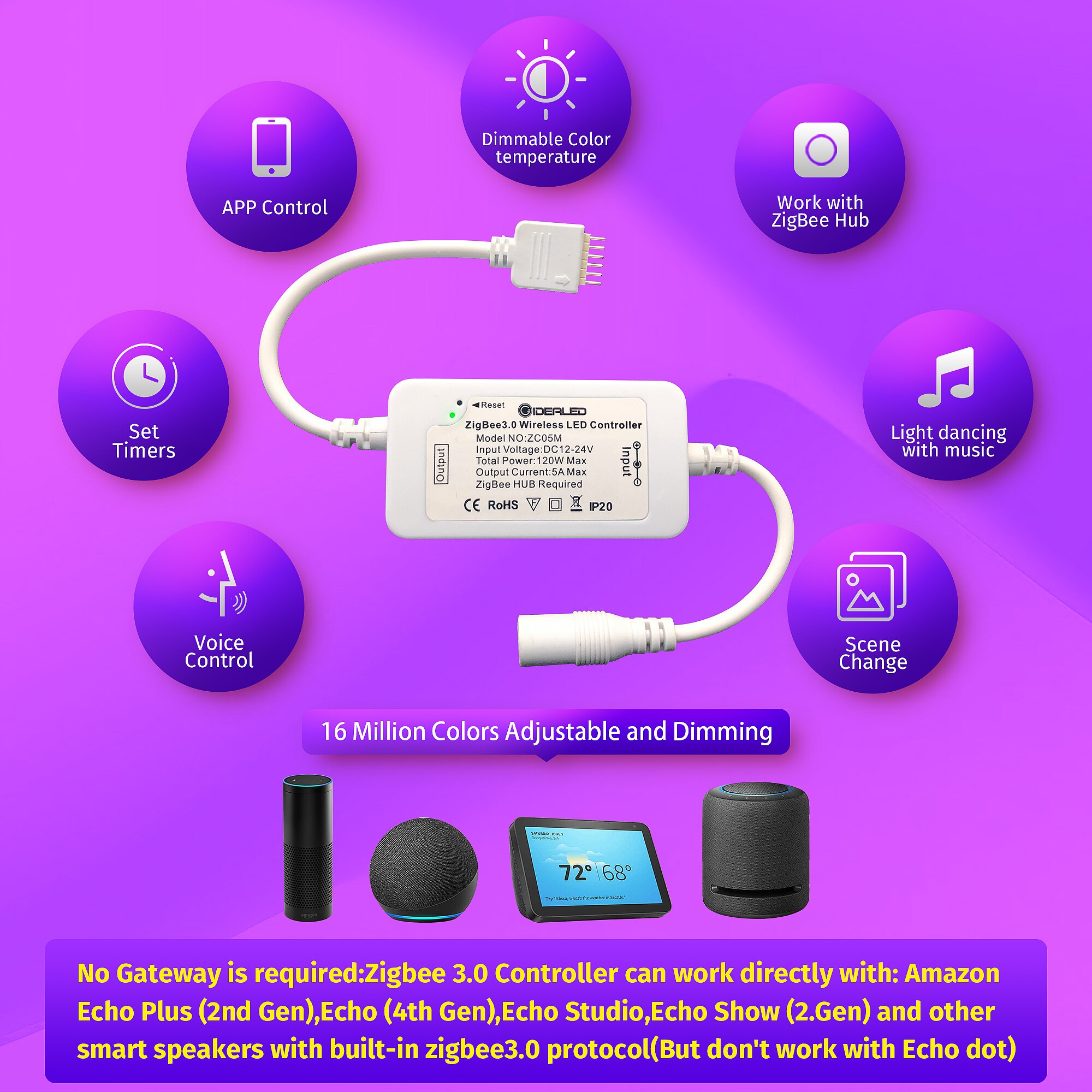 Smart zigbee 3.0 rgbcct led valonauhat ohjain himmennettävä tunnelma led kit 5m yhteensopiva kaiku plus alexa ääniohjaus: Vain 6 -nastainen ohjain / Uk -pistoke