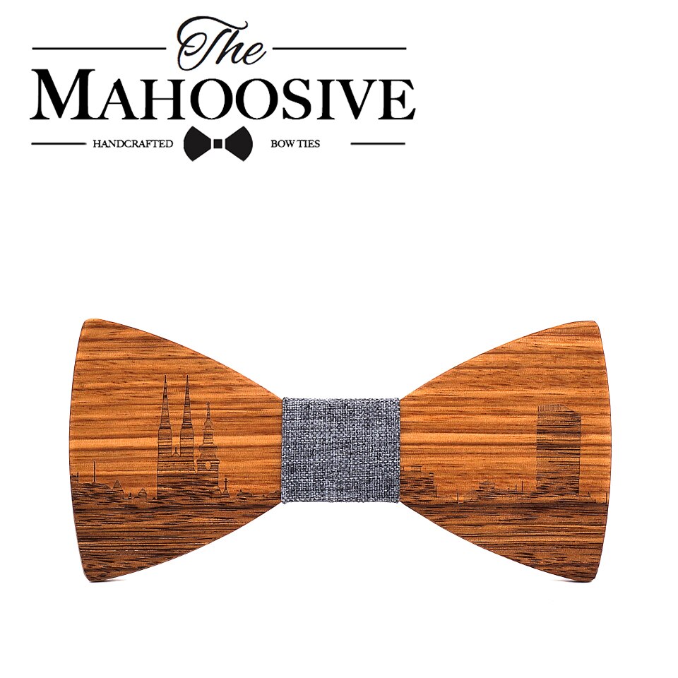 Mahoosive-pajaritas de madera hechas a mano para hombre, conjunto de corbatas de madera, corbata de mariposa, corbatas Skyline para hombre, gemelos, pañuelo, novedad