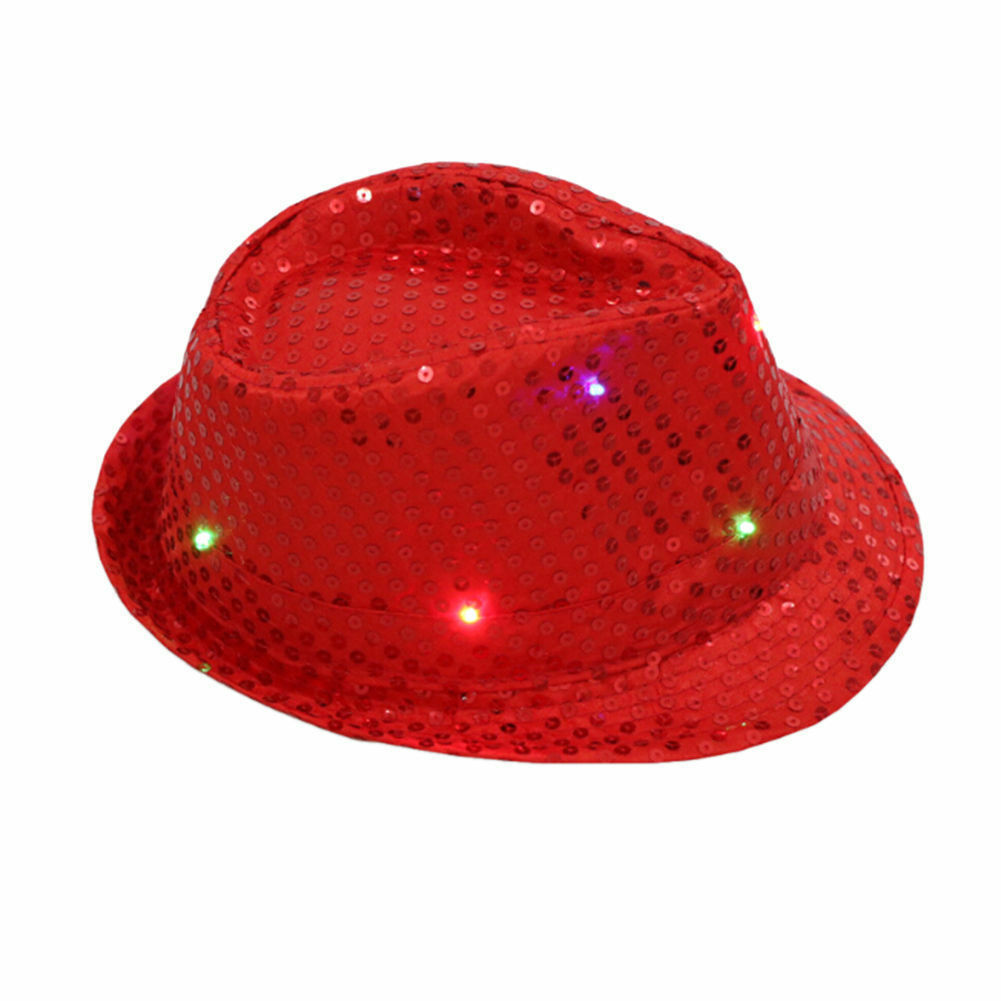 Men Women Glitter Sequin Flashing Light Up LED Fedora Trilby Cap Dance Jazz Hat Gangster Party Costume: Red