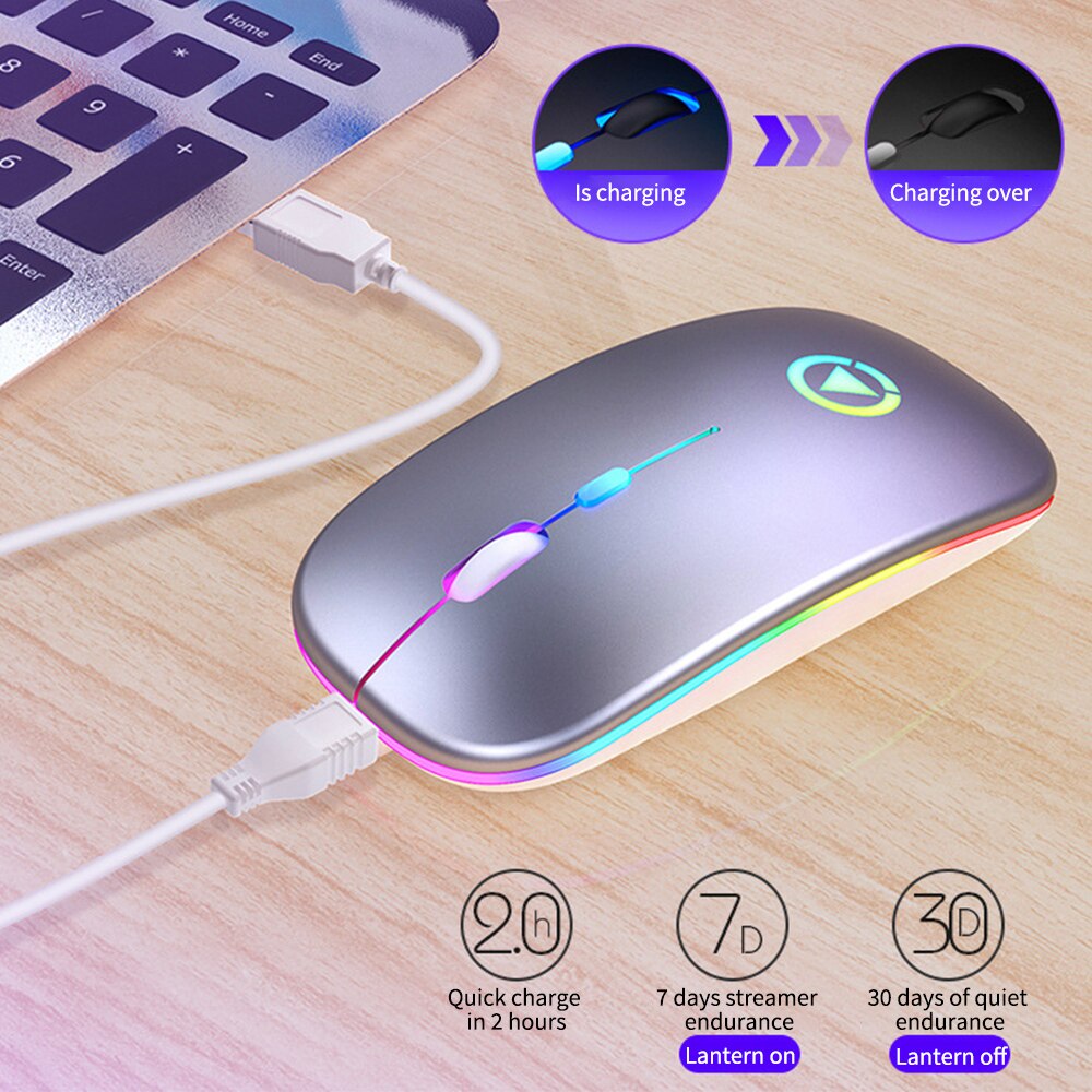 Ratón inalámbrico ultradelgado con luces LED de colores, ratón óptico ergonómico para juegos, recargable, silencioso, USB, para PC y portátil