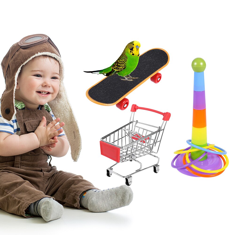 3Pcs Papegaai Speelgoed Set Trolley Skateboard Decompressie Speelgoed Voor Vogel Training Voor Kinderen Jongens Meisjes Onderwijs Speelgoed