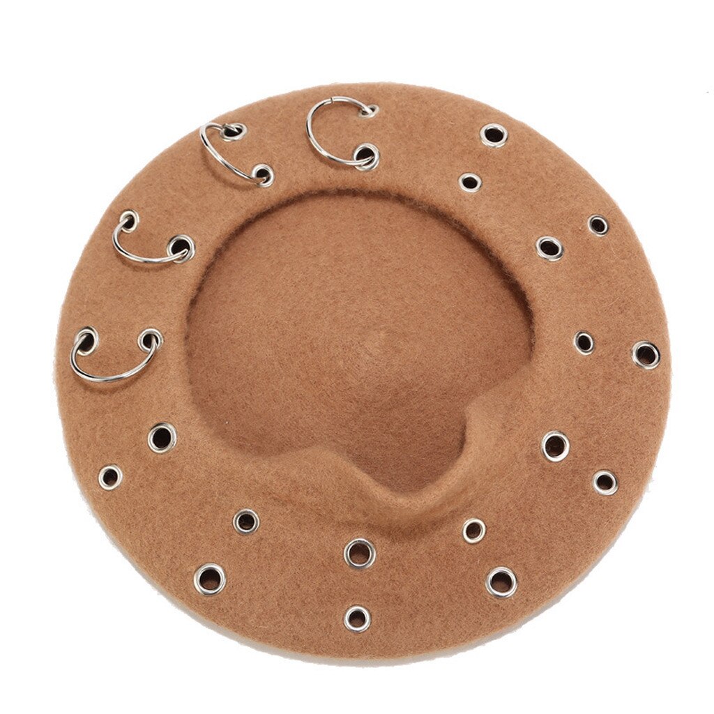 Boina Harajuku de estilo Punk Rock para mujer, boina con aros de hierro, gorros de lana Retro, boinas de pintor de lana negra