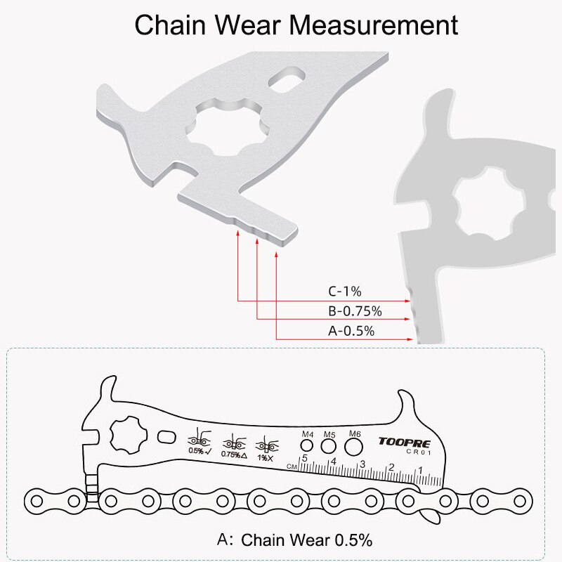 Bicycle Chain Checker Stainless Steel MTB Bike Chain Hook Screw Measuring Ruler Wear Gauge Calipers 6 In 1 Multifunction Tool