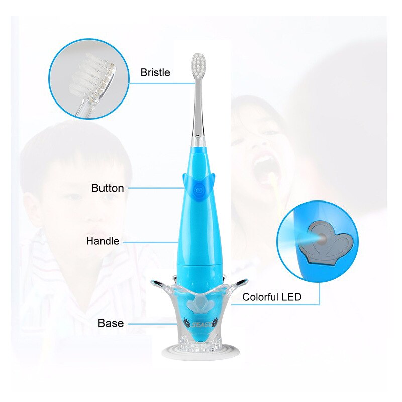 Seago enfants Brosse À Dents Électrique LUMIÈRE LED Imperméable À L'eau Douce Fourrure Faible Choc Onde Sonore 3-6 Ans Enfant Et bébé