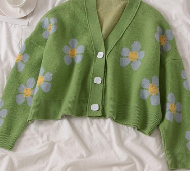 Retro japanilaistyylinen kukka neule neuletakit neulepusero naiset v kaula löysä elegaht paksu femme print lyhyt rento takki: Armeijan vihreä