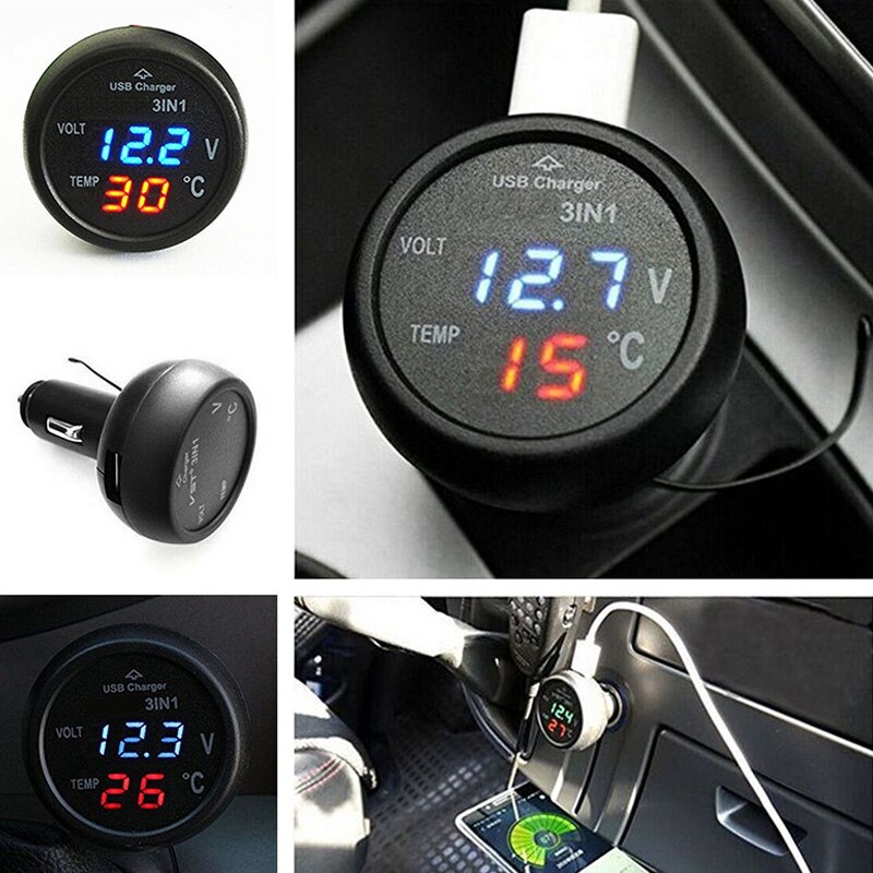 Auto Digitale Voltmeter Thermometer Usb Lader Sigarettenaansteker Digitale Voltmeter Thermometer 3 In 1 Meter