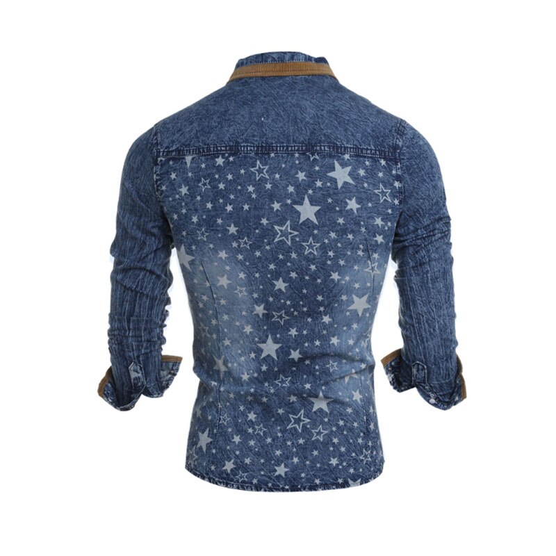 Cowboy miesten paita pitkähihainen miesten denim paita merkki denim paita tähtikuvio aasialainen koko sininen