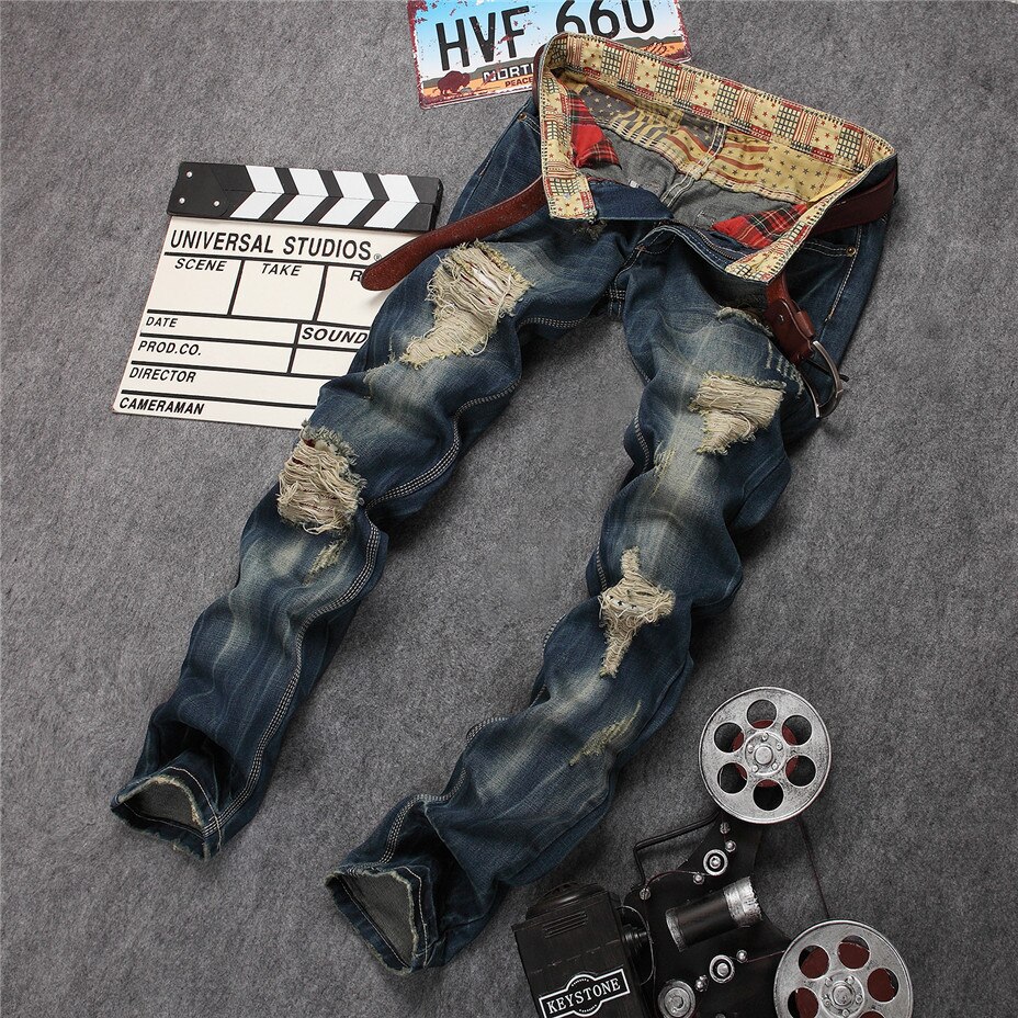 Straight Denim Trousers Ripped Jeans Men Casual Brand Motorcycle Hole Spring Summer Large Size