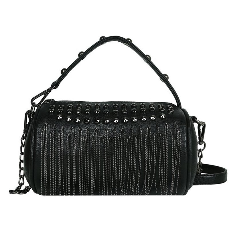 JIEROTYX Arrivals Gothic Rivets Women Handbags Casual Beaded Tassel Ladies Crossbody Bags Siliver Free: black