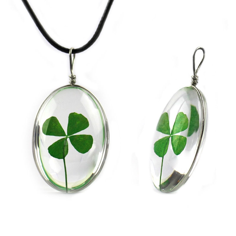 Classic Handmade Dried Flower Clover Jewelry Accessories Unisex Luck Transparent Glass Various Shapes Pendant Necklace