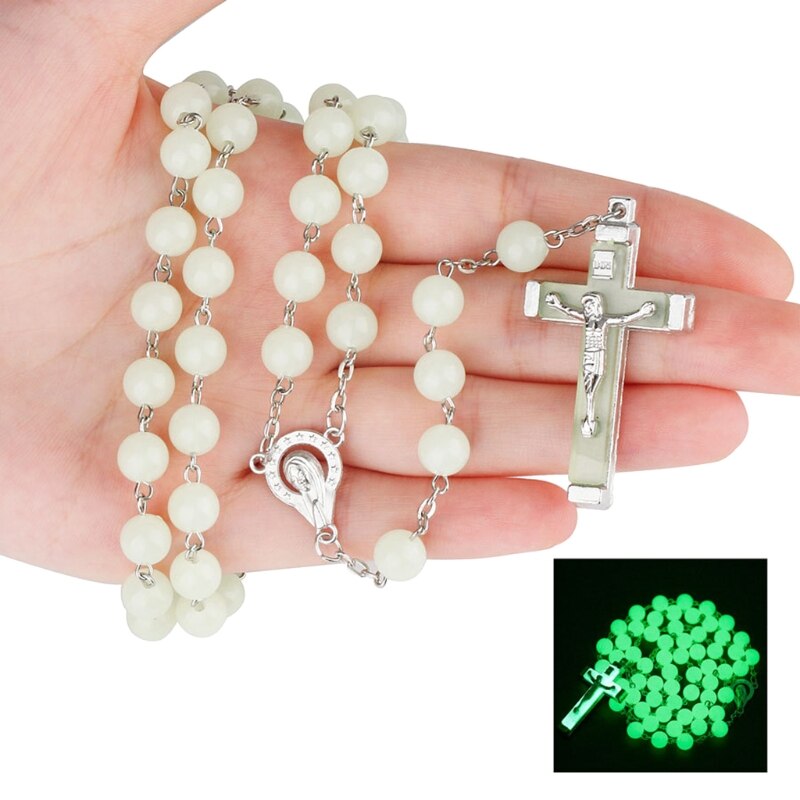 T84E Glow In The Dark Rozenkrans Ketting Jezus Christus Kruis Hanger Noctilucent Ketting