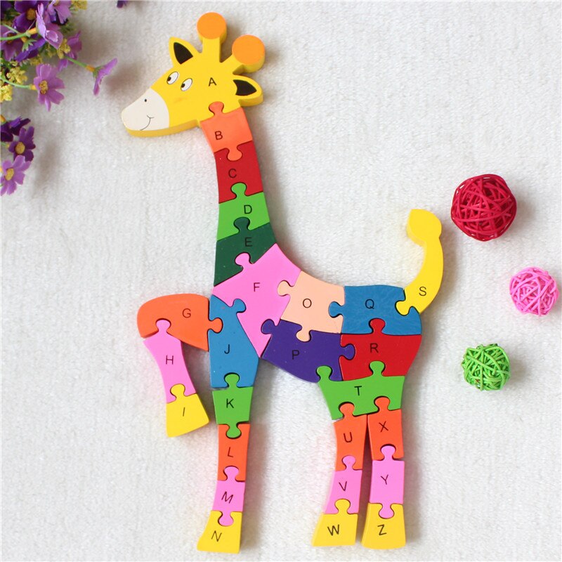 Di legno 3D Puzzle Giocattoli Educativi Animali Elefante Mucca Dinosauro Puzzle Di Legno Giocattoli Per Bambini Numeri Alfabetico Lettere di Apprendimento Giocattoli: Giraffe