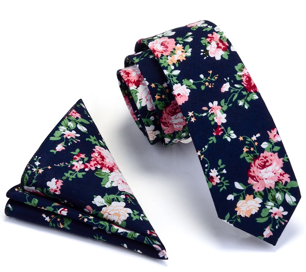 Ricnais 100% Cotton 6cm Slim Pocket Square Necktie Set Red Bule Floral Print Handkerchief Ties Set For Men Party Skinny Neck Tie: 13
