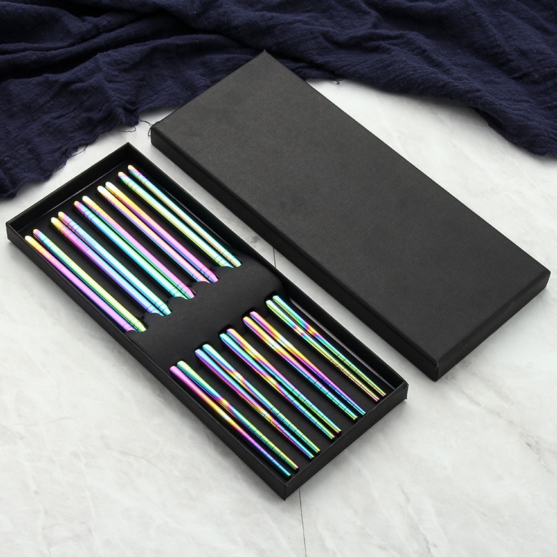 5pairs Korean Stainless Steel Chopsticks with Box Food Sticks Portable Reusable Chopstick Sushi Hashi Household Chinese