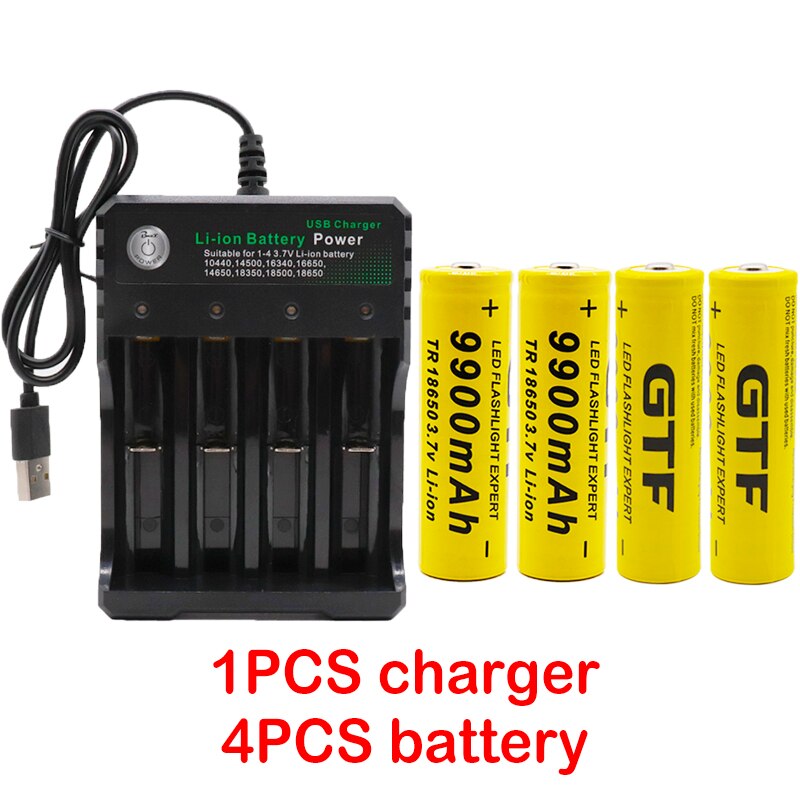 2022 18650 battery 3.7V 9900mAh rechargeable lion battery for Led flash light battery 18650 battery + USB charger: 4Battery ang1charger