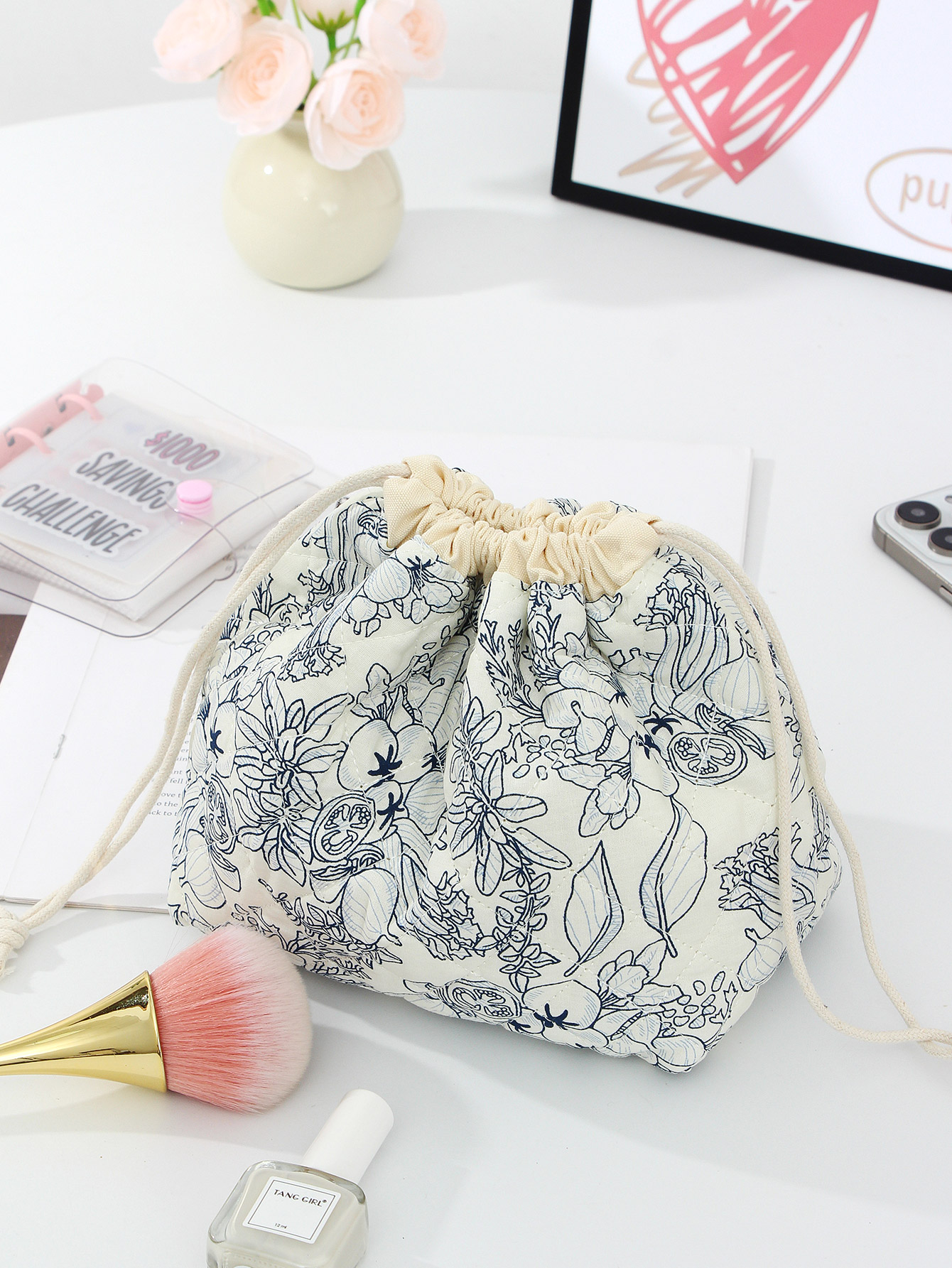 1-delige make-uptas met bloemenkoord en trekkoord, make-uptas voor badkamertoiletartikelen, essentiële make-uptas voor op reis