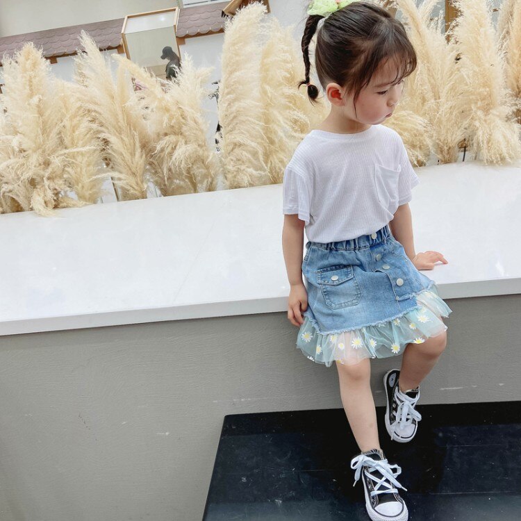 Piger nederdele sommer børn jean nederdele til piger denim tutu blomster nederdele afslappet pige tøj 2 4 5 6 7 år børn pige tøj