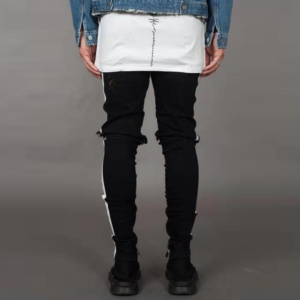 Porwane jeansy męskie Streetwear dżinsowa hafty bawełniane prosty otwór kieszeń spodnie jeansy w stylu zakłopotany spodnie ołówkowe spodnie Clothin