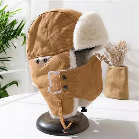 Ear Cap Mannen Bescherming Biking Skiën Koude Kleding Masker Bril Koperen Gesp Piloot Katoenen Hoed Verdikt Warm: Black