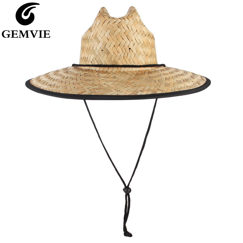 GEMVIE Wide Brim Lifeguard Safari Straw Hat For Men/Women Summer Sun Hat with Chin Cord