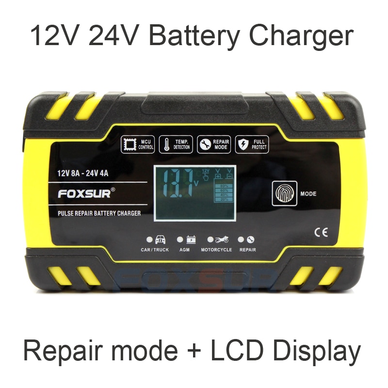 FOXSUR 12V-24V 8A Full Automatic Battery-chargers Digital LCD Display Car Battery Chargers Power Puls Repair Wet Dry Lead Acid