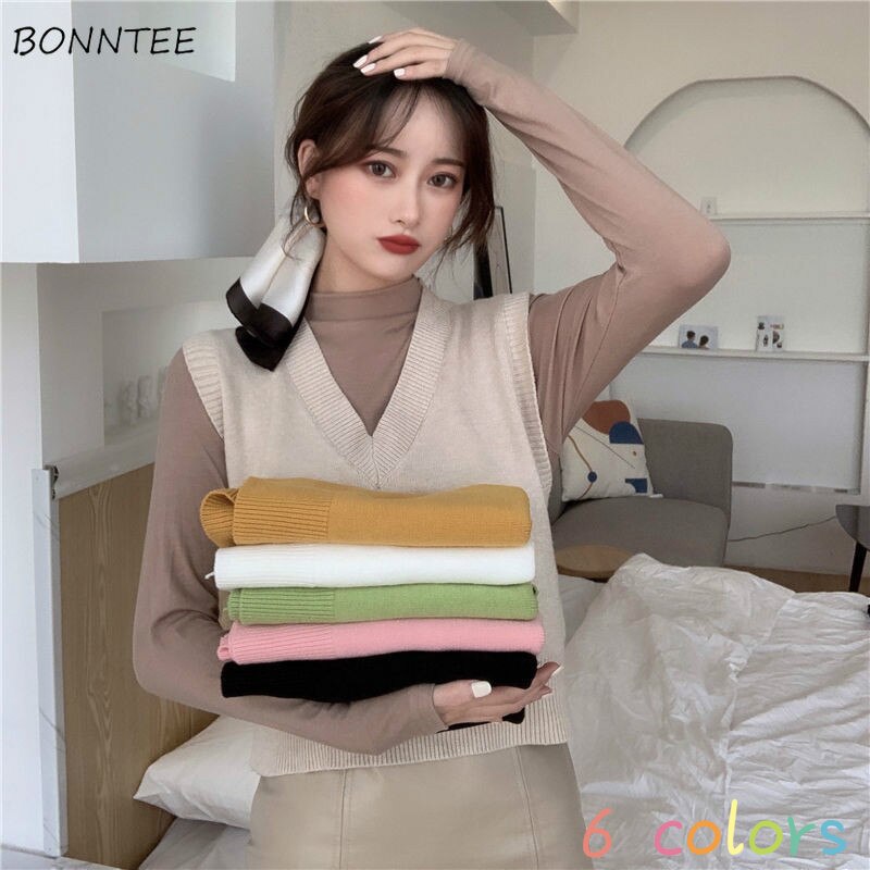 Sweater vest kvinder teenagere trendy ærmeløs tøj strikning beskåret afslappet pasform løst falder all-match solid mujer basic