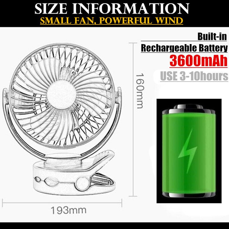 7 " krachtige wind-usb-ventilator, ,3600 mah oplaadbare batterij, 4- snelheidsaanpassingen met verlichting, 360 rotatiehaken, clips en bureauventilator