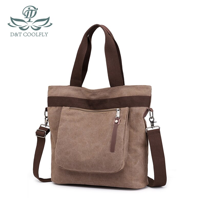 D&T One Shoulder Casual Bags Women Solid Canvas Waterproof School Student Light Zipper Pocket Inside Bags