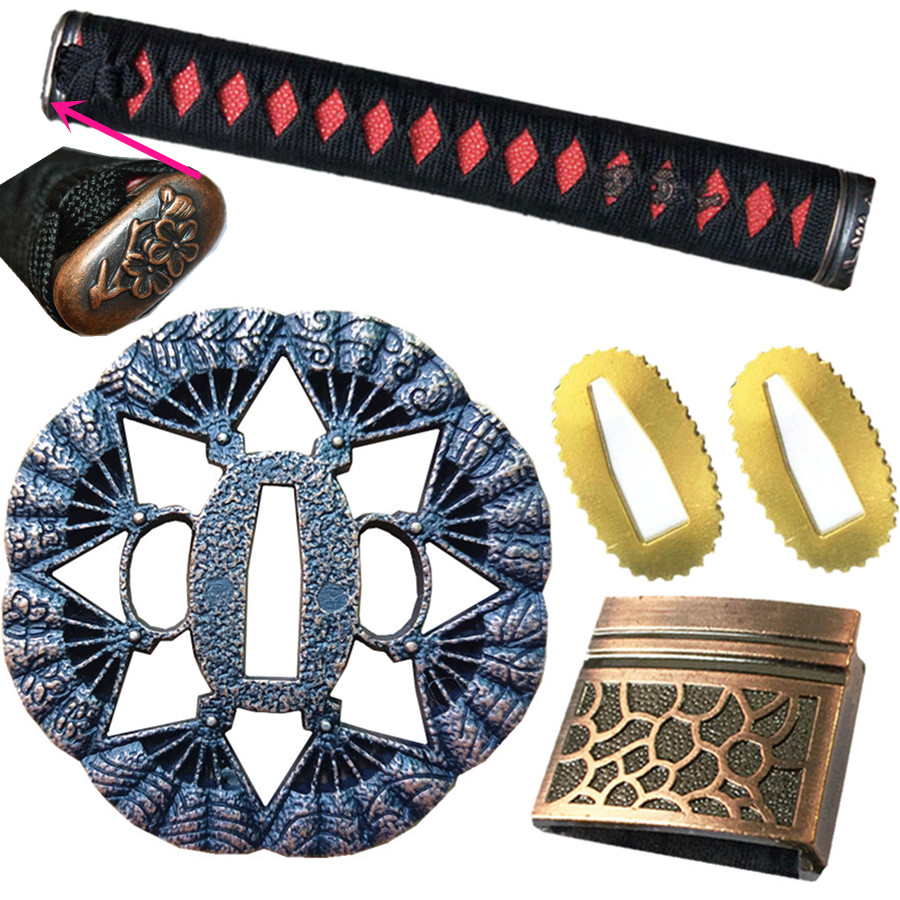 A Set Japanese Samurai Sword Katana/Wakizashi/Tanto Guard Accessory Tsuba+Menuki+Fuchi+Kashira+Handle+Habaki+Seppa: A
