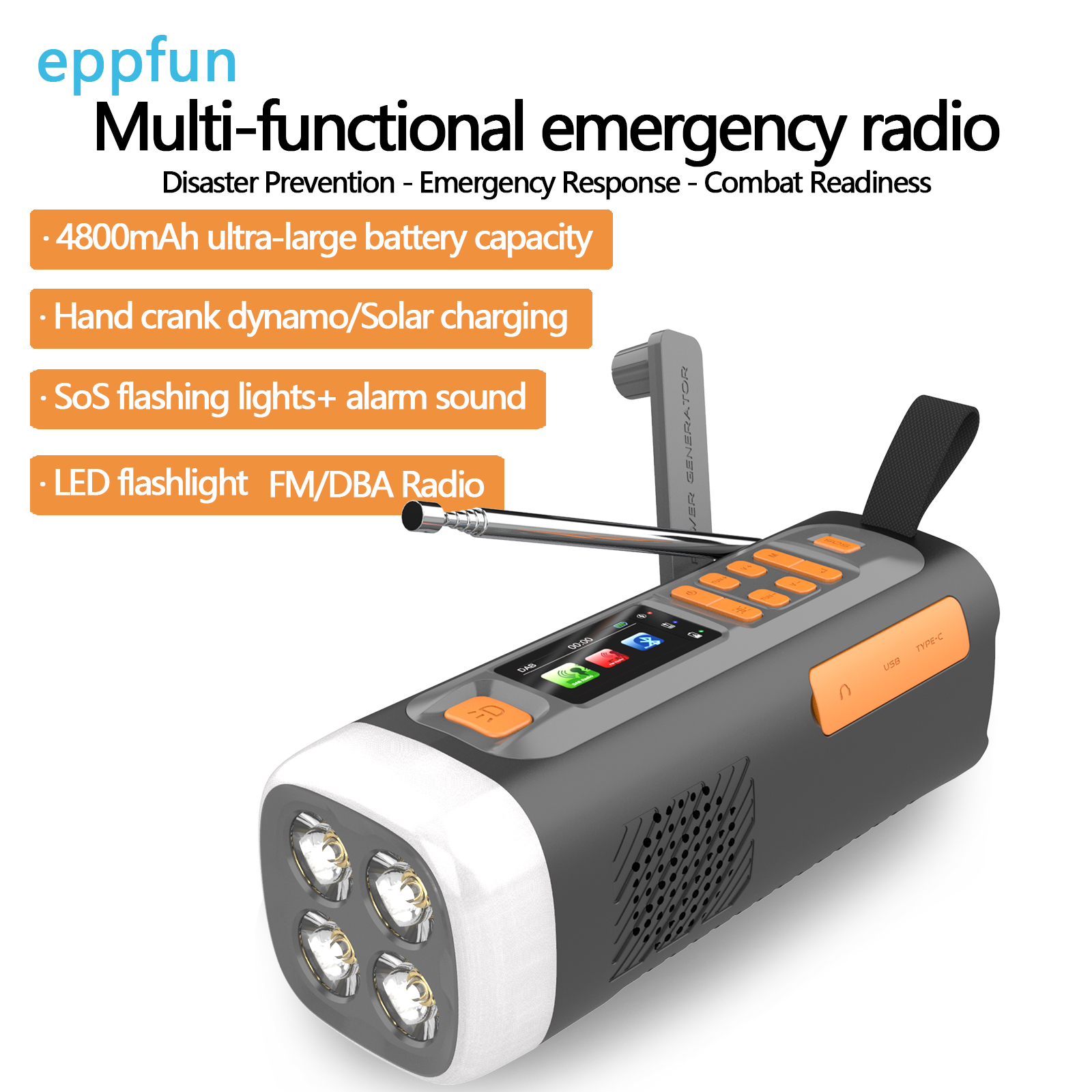 eppfun Emergency FM DAB BT Radio Multifunction Portable Solar Hand Crank Radio with Flashlight Solar SOS Outdoor Camping