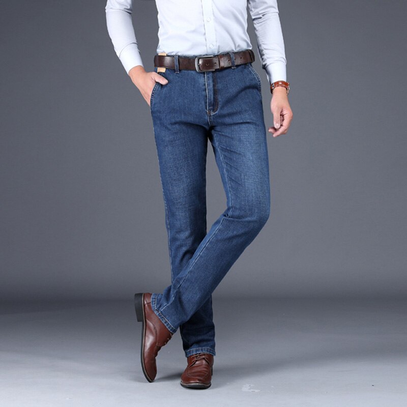Stijl herenboetiek dikke denim jeans business casual rechte zware heren effen broeken plus maat 30-42: Blauw / 30
