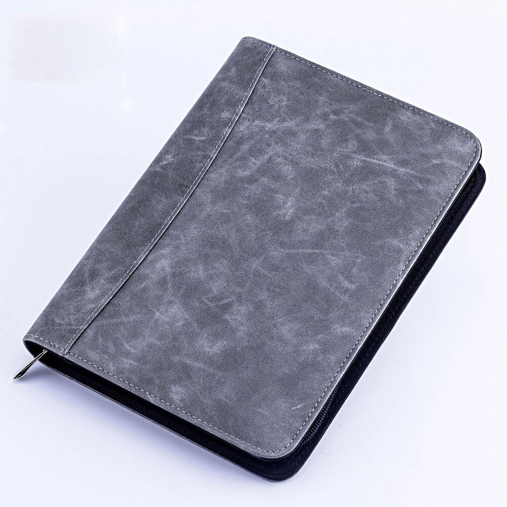 Retro Faux Leather A5 Padfolio with Calculator Binder Zipper Business Notebook File Organizer Folder Manager Briefcase Note Book: Gray