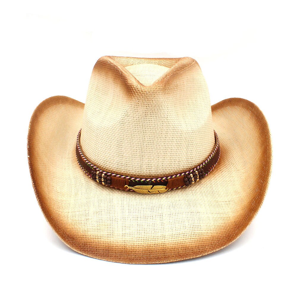 Kvinder halm cowboy hat med punk læderbånd til lady western sombrero hombre cowgirl jazz caps størrelse 58cm: C8 bcu
