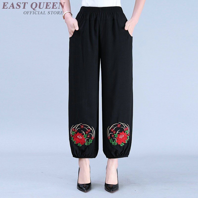 Pantalon à jambes larges pour femmes plus âgées, bouffantes noires, en coton et lin, taille haute élastique, broderie, Capris, boutique chinoise en ligne, TA1783,: 1 / XXXL