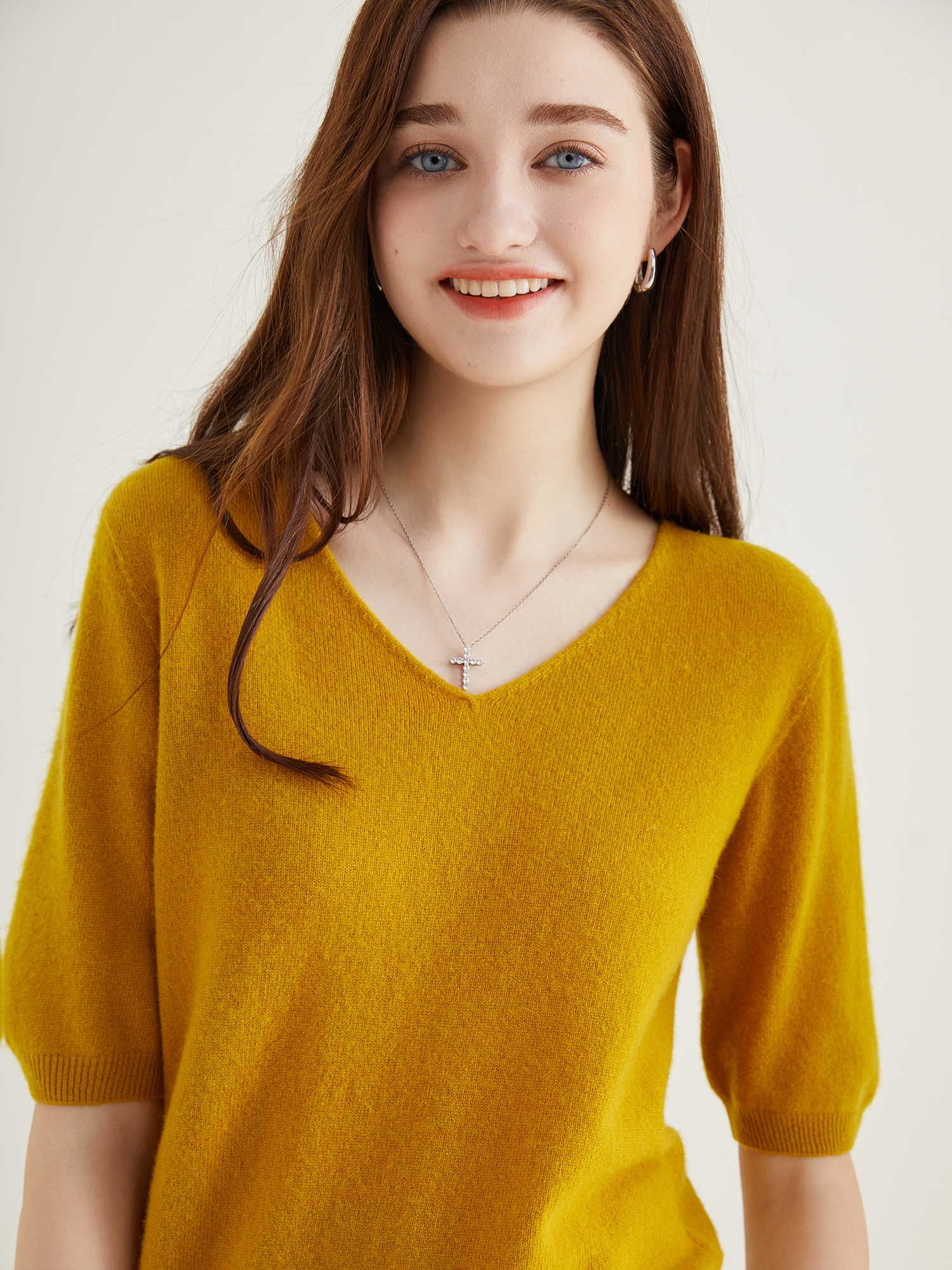 Women's Sweater 100% Merino Wool Sweater for Women Pullover Short Sleeve Tops Spring Summer V Neck Soft Knitted Female Clothing: S / Gold