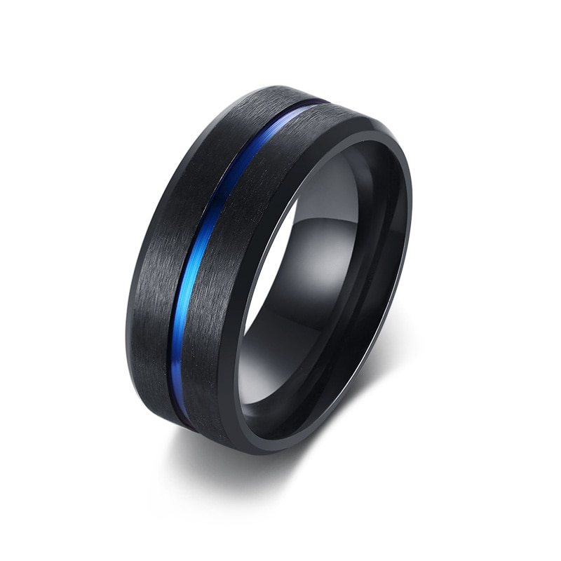 Classic 8mm Wedding Band Finger Rings for Men Black Blue line Titanium Stainless Steel Jewelry Male