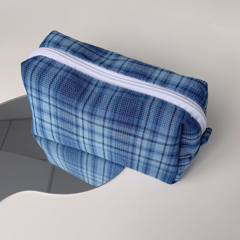 BM Style couleur rétro Plaid crayon sac grande capacité Portable fille cosmétique sac de rangement fournitures scolaires mignon papeterie: Blue Plaid