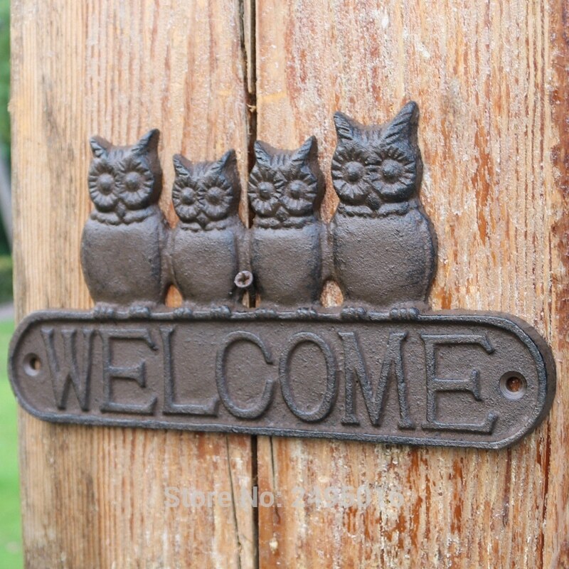 Cast Iron Antique Style four owls WELCOME Plaque Garden Sign Wall decor