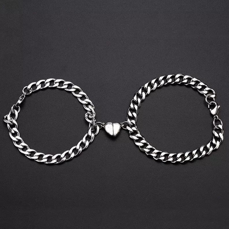 Bracelets For Women Men Couple Cuff Jewelry Vintage Silver Color Chains Heart Magnet Bracelets Korea Trendy Pulsera