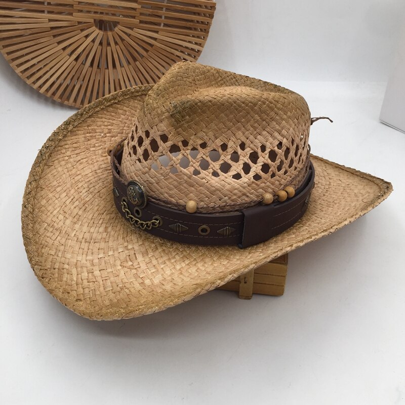 Natural Straw Cowboy Hat Women Men Handmade Weave Punk Cowboy Hats For Lady Tassel Summer Western Sombrero Hombre Lifeguard Hats: S 56cm