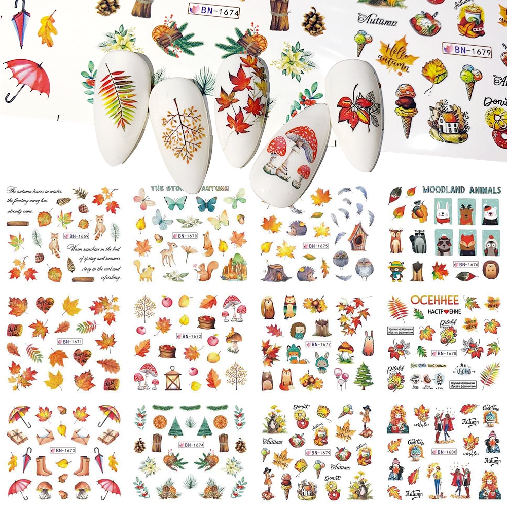 12 Designs Fall Maple Leaves Nail Art Stickers Water Decals Sliders Foil Autumn For Nail Manicure BN1669-1680