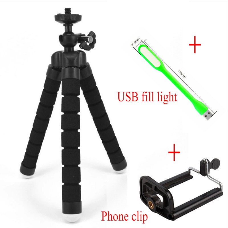 Mini trípode Flexible cabeza de esponja trípodes de pulpo Lámpara USB para teléfono trípode Universal Flexible soporte de coche accesorio de cámara: Black with Clips