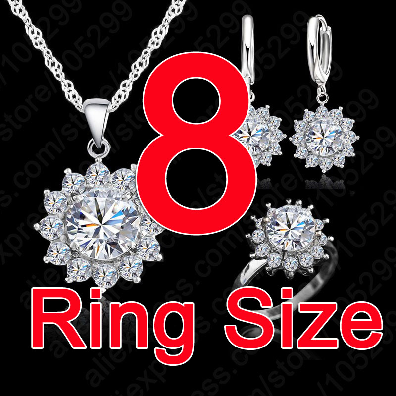 Flower Sun Cubic Zirconia Newest Genuine Silver Jewelry Sets Earrings Pendant Necklace Rings Size6-9: Size 8