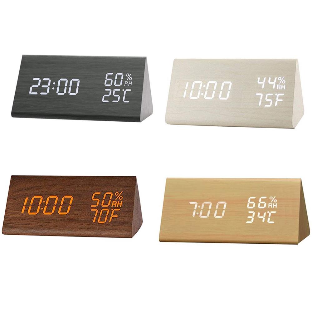 Reloj despertador de humedad y temperatura, reloj Digital triangular para habitación de bebé, de madera, silencioso, luminoso, Led, electrónico