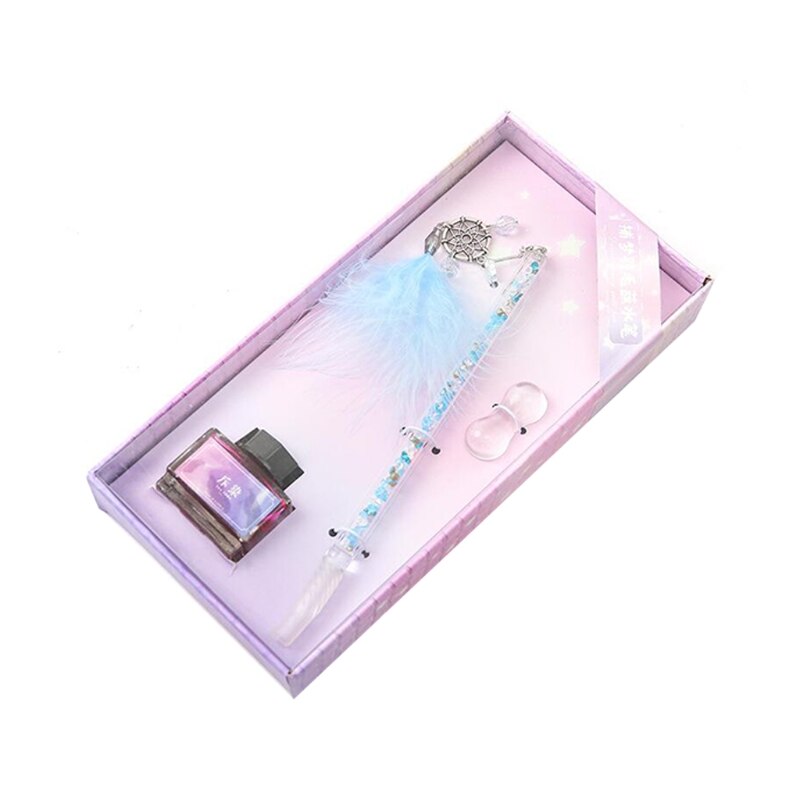 Glass Dip Pen Fountain Pen Exquiste Crystal Style Ink Pens Kit with 15ml Ink Bottle for Women Men Birthday Stationery: Blue Type-1