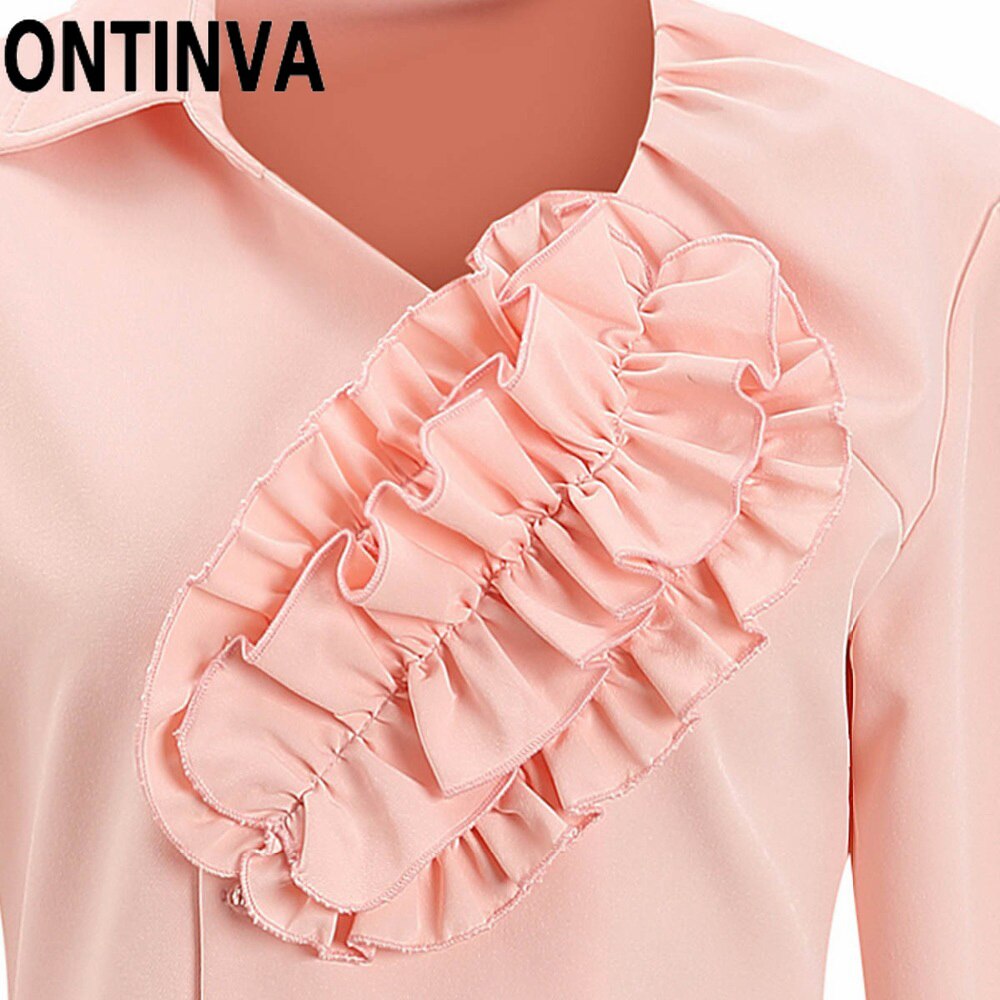 Liquidación señoras Color rosa Blusas con volantes camisa Irregular Ropa de Trabajo abotonada manga larga Mujer Blusas