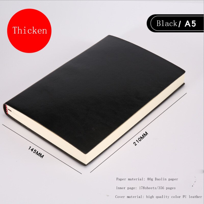 Soft Business Leather Diary Notebook A6 A5 B5 PU Travelers Journal Thicken School Office Meeting Record Notepad Handbook: A5 Thicken Black