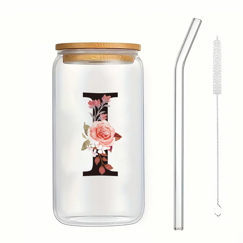 Alphabet Flowers Drinking Glass Letter A-Z Iced Coffee Water Juice Bottle Portable Clear Cup with Lid Straw Brush Birthday: Brown