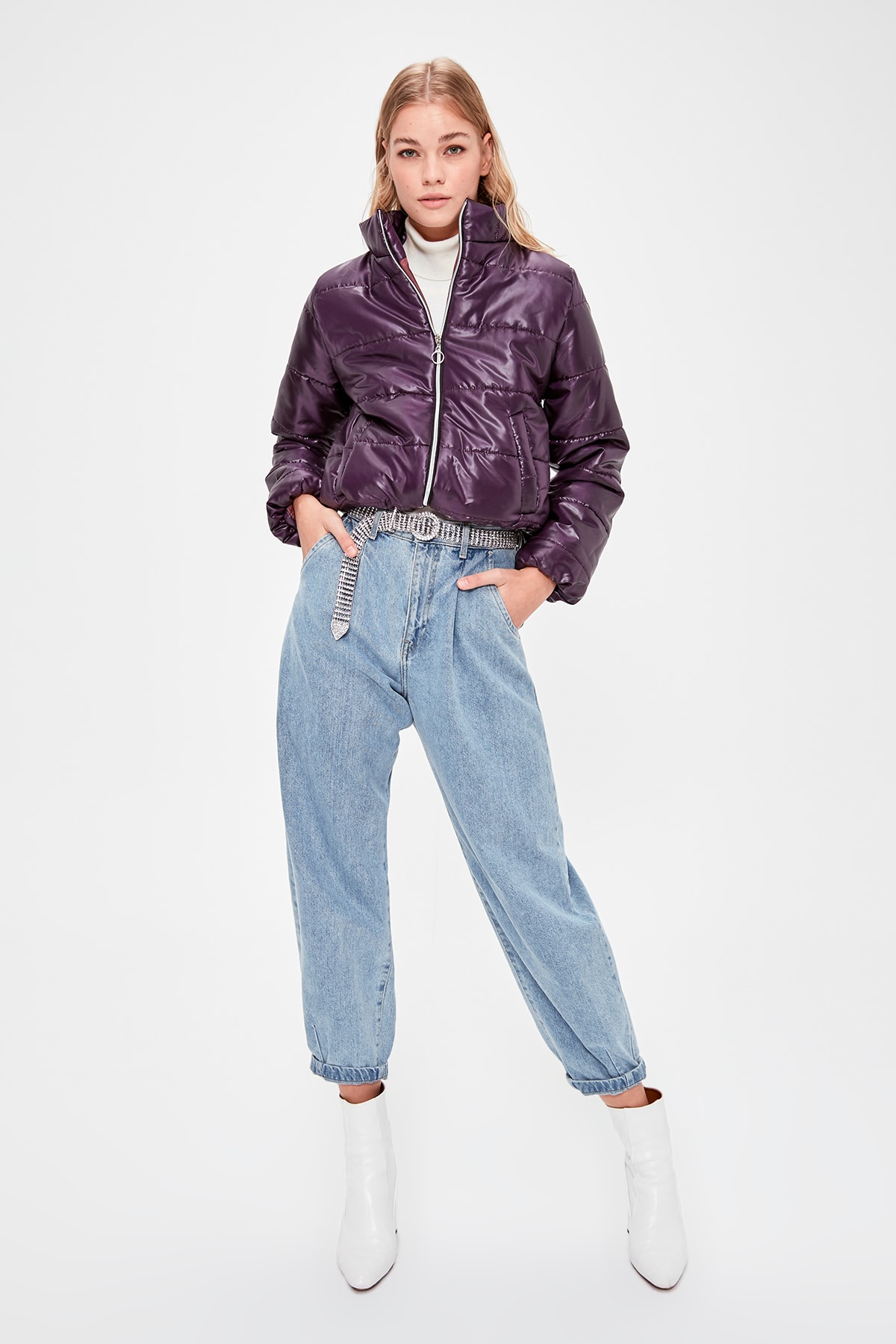 Trendyol Damson Zipper It Should Cover Upright Collar Inflatable Crop coats TWOAW20MO0088