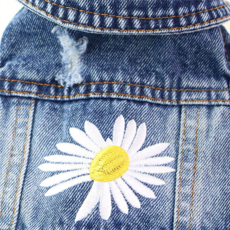 Chaqueta vaquera para perro y gato, chaleco con estampado bordado de flores, abrigo azul, ropa para cachorros, 6 tamaños